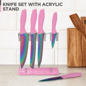 HAUSHOF Kitchen Knife Set, 5 PCS Rainbow Knife Sets with Arcylic Block, Titanium Coated Pink Knives Set for Kitchen, Stainless Steel Knives Set with Ergonomic Handle, Great for Slicing, Dicing&Cutting