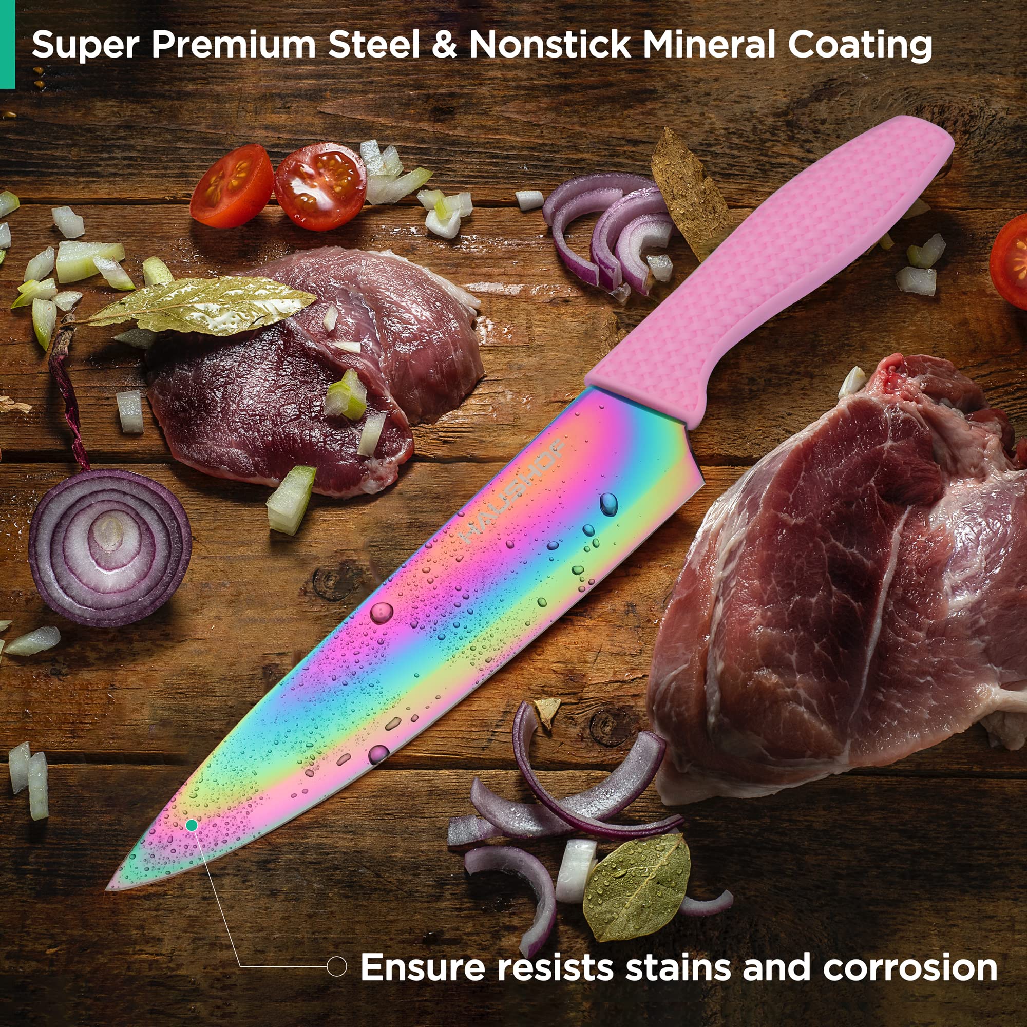 HAUSHOF Kitchen Knife Set, 5 PCS Rainbow Knife Sets with Arcylic Block, Titanium Coated Pink Knives Set for Kitchen, Stainless Steel Knives Set with Ergonomic Handle, Great for Slicing, Dicing&Cutting