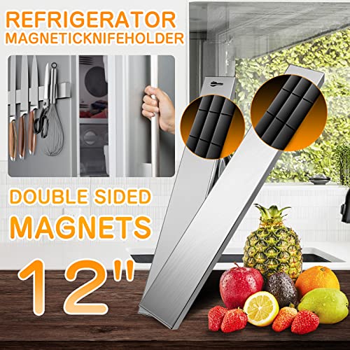 Ninonly 12 Inch Magnetic Knife Holder for Refrigerator, Stainless Steel Double Sided Magnet Knife Strip for Wall, No Drilling Magnetic Knife Rack with Powerful Magnetic Pull Force Fridge Applicable