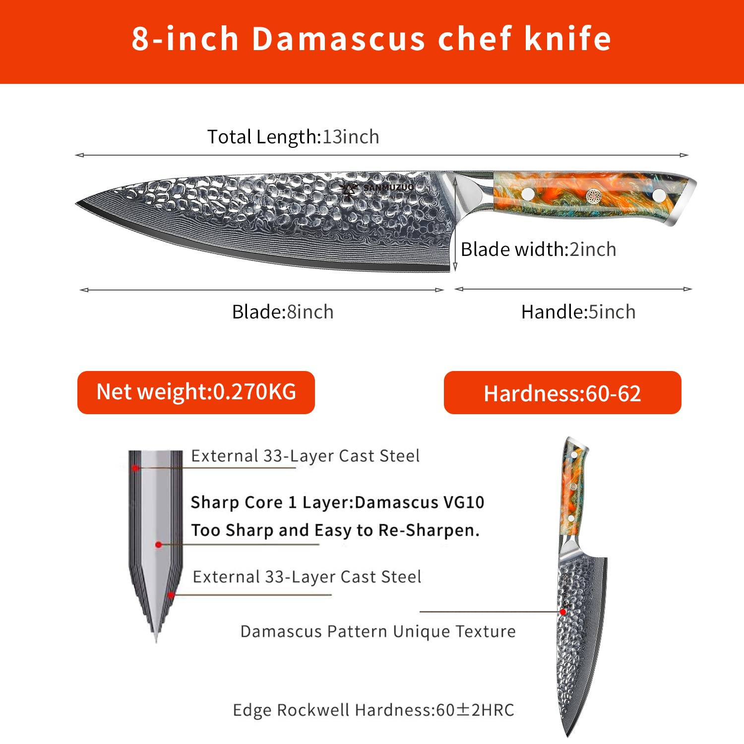 SANMUZUO 8" Chef Knife - Professional Kitchen Knife - Hammered Damascus Steel & Resin Handle - YAO Series