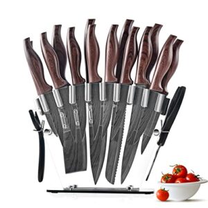 damascus steel knife set 18pcs non stick sharp kitchen knives set with acrylic block, cutlery knives block set, chef quality, best gift (coffee)