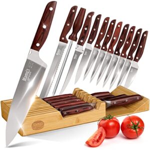 mama's great 12 piece knife set with knife holder for kitchen drawer - fillet knife, chef knife, bread knife, utility knife, paring knife, 6 steak knives & honing steel