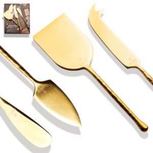 linzom gold cheese knives, cheese knife set for charcuterie board, hand forged charcuterie utensils 4pcs, house warming gift new home, wedding gifts, bridal shower gift for women