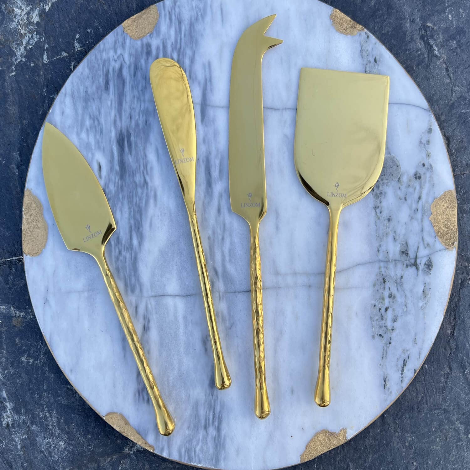 LINZOM Gold Cheese Knives, Cheese Knife Set for Charcuterie Board, Hand Forged Charcuterie Utensils 4PCS, House Warming Gift New Home, Wedding Gifts, Bridal Shower Gift for Women