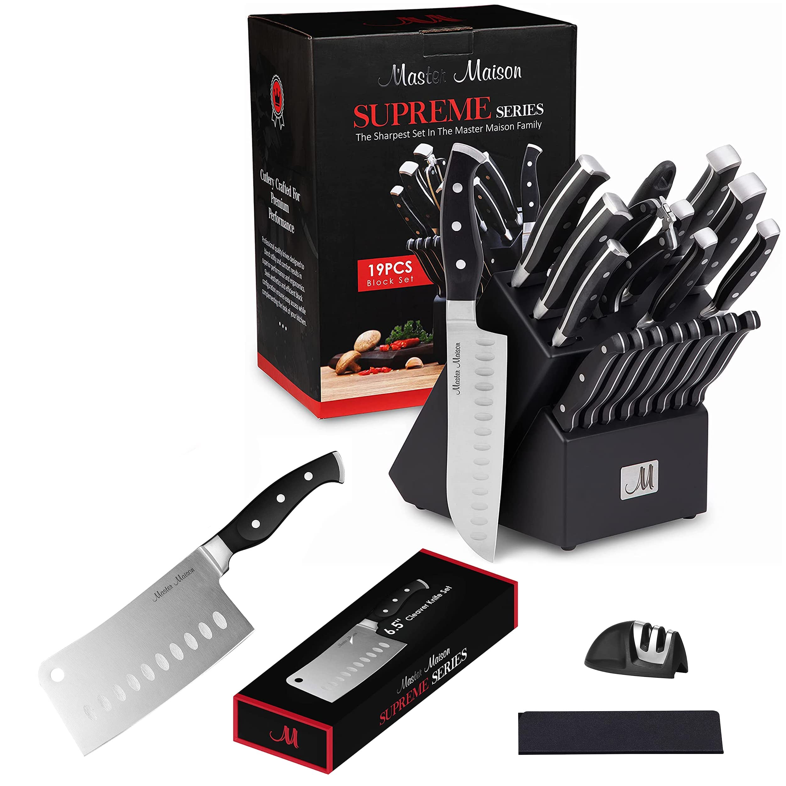 Master Maison Premium 19-Piece Kitchen Knife Set With Wooden Storage Block And Cleaver Knife Set With Edge Guard Cover And Gift Box | German Stainless Steel, Black