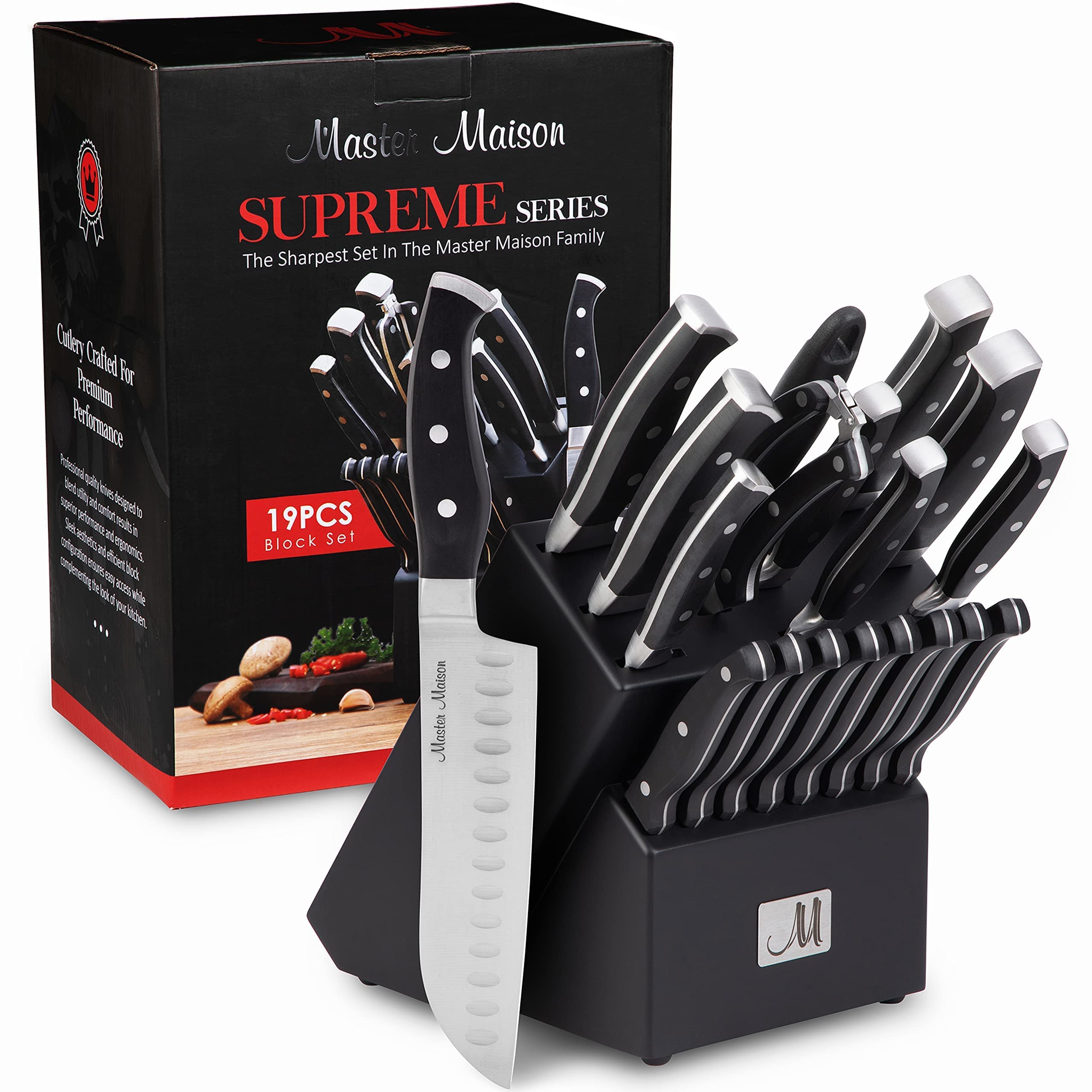 Master Maison Premium 19-Piece Kitchen Knife Set With Wooden Storage Block And Cleaver Knife Set With Edge Guard Cover And Gift Box | German Stainless Steel, Black