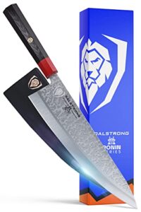 dalstrong chef knife - 9.5 inch - ronin series - double bevel blade razor sharp - japanese aus-10v super steel - damascus chef's knife - g10 handle kitchen knife - black acacia wood sheath