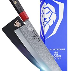 Dalstrong Chef Knife - 9.5 inch - Ronin Series - Double Bevel Blade Razor Sharp - Japanese AUS-10V Super Steel - Damascus Chef's Knife - G10 Handle Kitchen Knife - Black Acacia Wood Sheath
