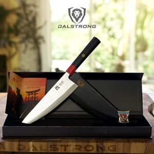 Dalstrong Chef Knife - 9.5 inch - Ronin Series - Double Bevel Blade Razor Sharp - Japanese AUS-10V Super Steel - Damascus Chef's Knife - G10 Handle Kitchen Knife - Black Acacia Wood Sheath