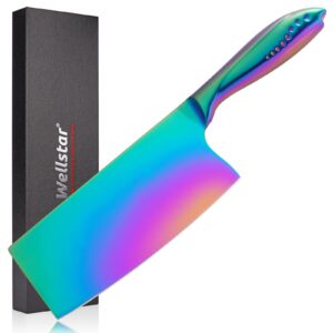 wellstar rainbow meat cleaver, 7 inch iridescent chinese meat vegetable butcher knife, super sharp german high carbon stainless steel chef’s kitchen knife with ergonomic handle for home restaurant