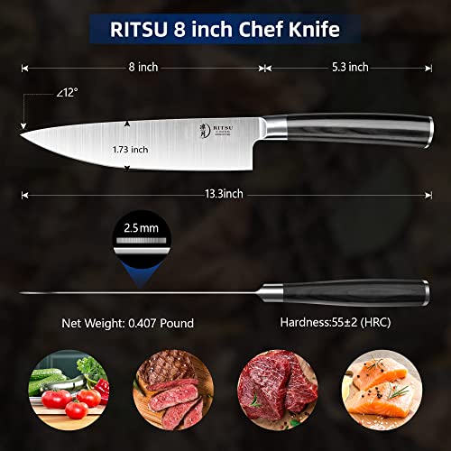 RITSU Chef Knife - 8 Inch Chef's Knife, Ultra Sharp Kitchen Knife, German High Carbon Steel Japanese Chef Knife with Ergonomic Handle for Home Kitchen Restaurant