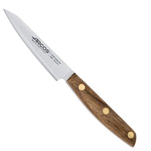 arcos paring knife 4 inch stainless steel. professional kitchen knife for peeling fruits and vegetables. ovengkol wood handle 100% natural fsc and 100mm blade. series nordika. color brown