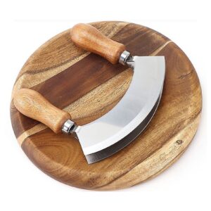 mezzaluna knife and round cutting board - double blade chopping knife pizza cutter rocker knife mezzaluna with wood cutting board salad chopper mincing knife stainless steel