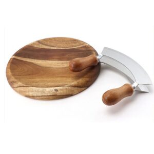 Mezzaluna Knife and Round Cutting Board - Double Blade Chopping Knife Pizza Cutter Rocker Knife Mezzaluna With Wood Cutting Board Salad Chopper Mincing Knife Stainless Steel