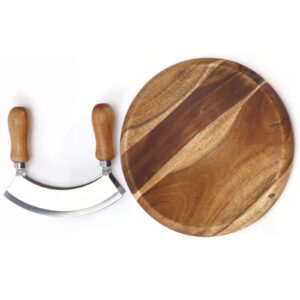 Mezzaluna Knife and Round Cutting Board - Double Blade Chopping Knife Pizza Cutter Rocker Knife Mezzaluna With Wood Cutting Board Salad Chopper Mincing Knife Stainless Steel