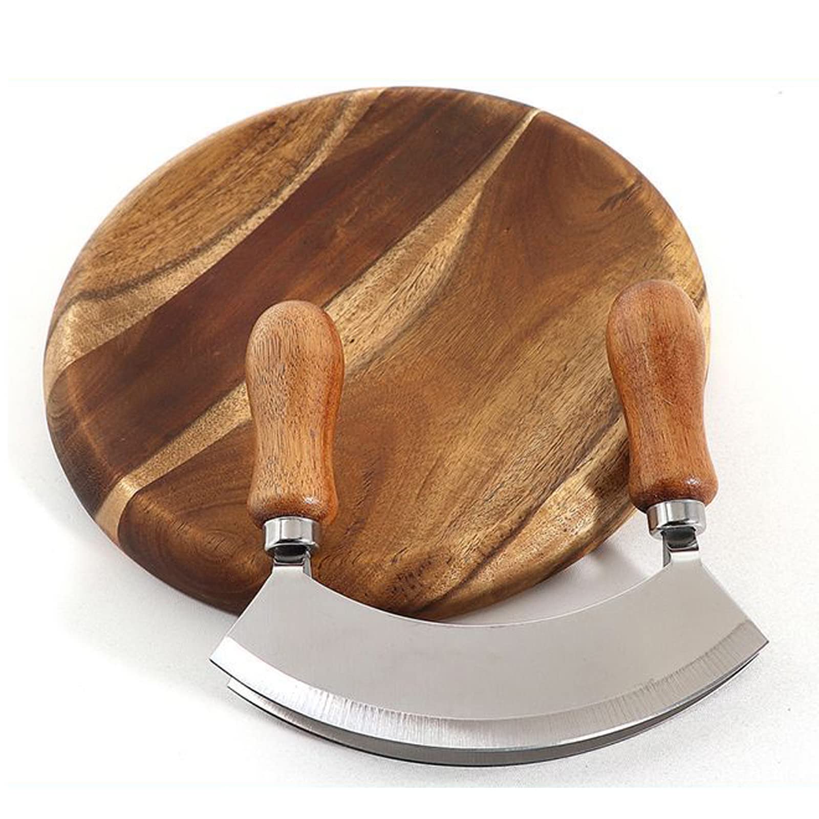 Mezzaluna Knife and Round Cutting Board - Double Blade Chopping Knife Pizza Cutter Rocker Knife Mezzaluna With Wood Cutting Board Salad Chopper Mincing Knife Stainless Steel