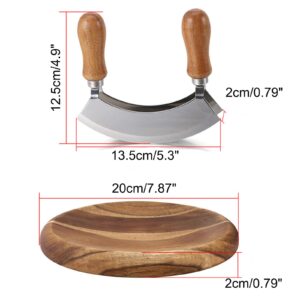 Mezzaluna Knife and Round Cutting Board - Double Blade Chopping Knife Pizza Cutter Rocker Knife Mezzaluna With Wood Cutting Board Salad Chopper Mincing Knife Stainless Steel