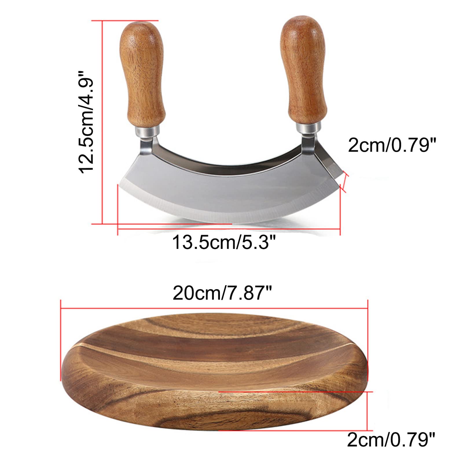 Mezzaluna Knife and Round Cutting Board - Double Blade Chopping Knife Pizza Cutter Rocker Knife Mezzaluna With Wood Cutting Board Salad Chopper Mincing Knife Stainless Steel