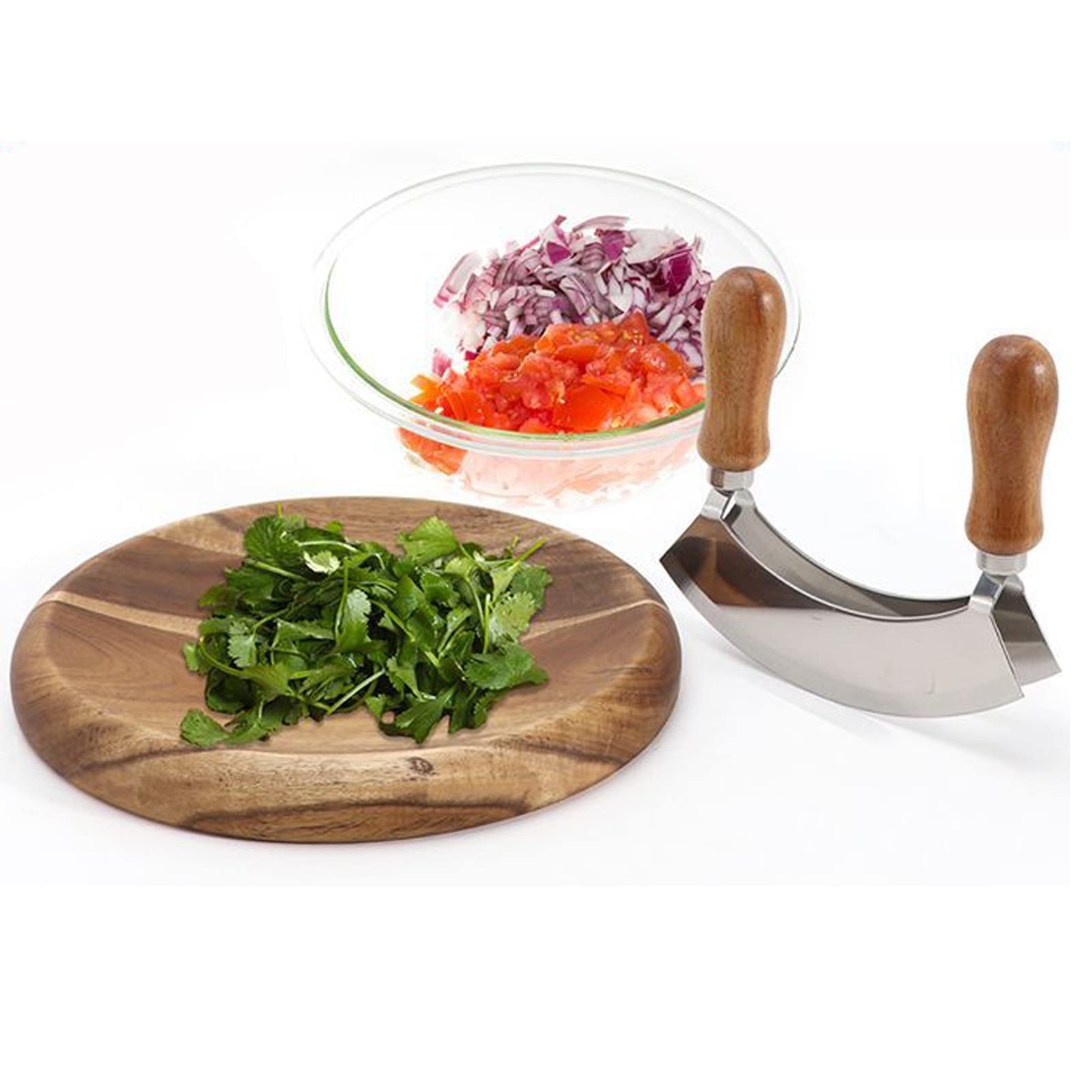 Mezzaluna Knife and Round Cutting Board - Double Blade Chopping Knife Pizza Cutter Rocker Knife Mezzaluna With Wood Cutting Board Salad Chopper Mincing Knife Stainless Steel