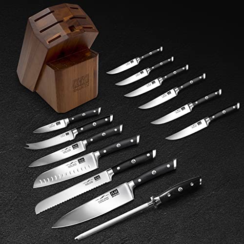 Kitchen Knife Set with Block, SHAN ZU 14-Piece Professional High Carbon German Chef Knife Block Set with Sharpener, Knife Sets for Kitchen with Block