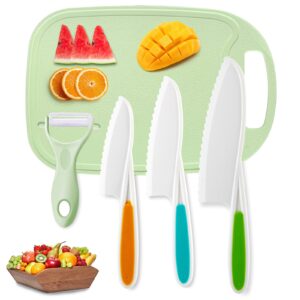 kids knifes set,children's nylon knives safe baking real cutting cooking childrens knife beginners plastic cut fruits salad fun firm grip toddler chopping friendly with board peeler 5pack (green)