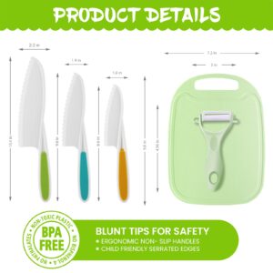 Kids Knifes Set,Children's Nylon Knives Safe Baking Real Cutting Cooking Childrens Knife Beginners Plastic Cut Fruits Salad Fun Firm Grip Toddler Chopping Friendly With Board Peeler 5Pack (green)