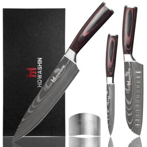 howashin 3pcs knife set professional kitchen knife set stainless steel janpanene chef knife ergonomic colour wood handle with finger guard and christmas gift box