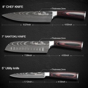 Howashin 3Pcs Knife Set Professional Kitchen Knife Set Stainless Steel Janpanene Chef Knife Ergonomic Colour Wood Handle With Finger Guard and Christmas Gift Box