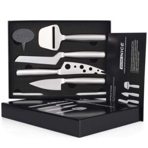 wonenice cheese knives and slate markers set - collection cheese knife gifts set with 3 long handle stainless steel cheese knife & 1 cheese slicer & 3 cheese markers and 2 soapstone chalks