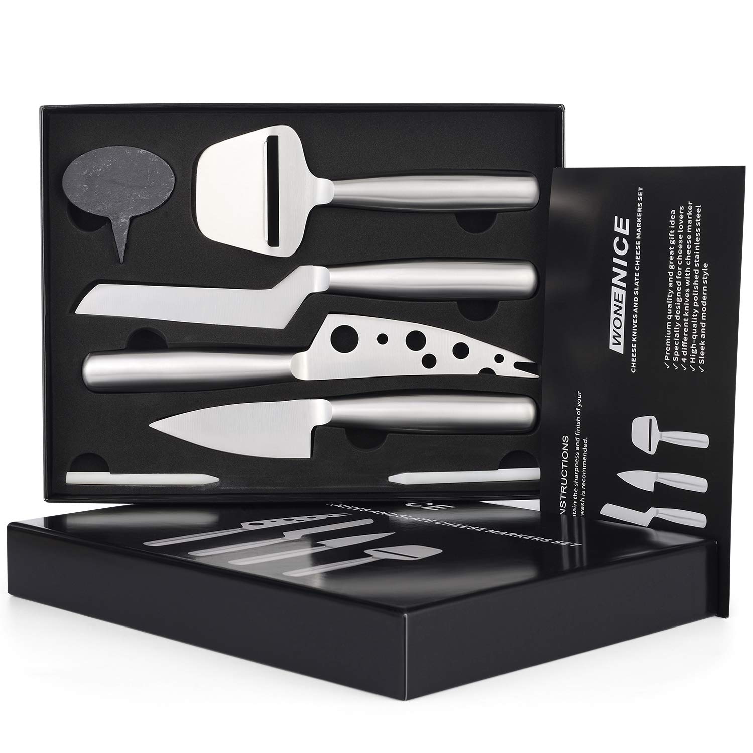 WoneNice Cheese Knives and Slate Markers Set - Collection Cheese Knife Gifts Set with 3 Long Handle Stainless Steel Cheese Knife & 1 Cheese Slicer & 3 Cheese Markers and 2 Soapstone Chalks