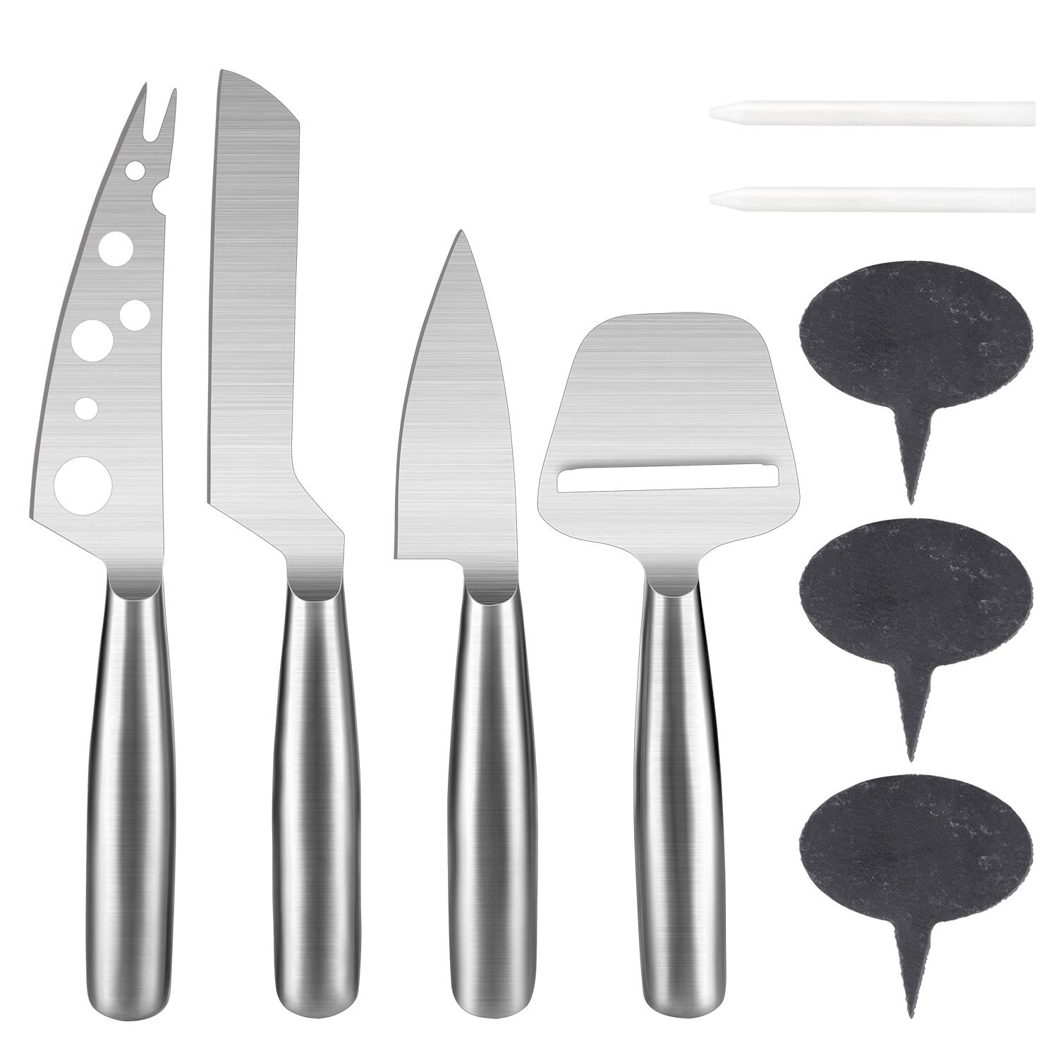 WoneNice Cheese Knives and Slate Markers Set - Collection Cheese Knife Gifts Set with 3 Long Handle Stainless Steel Cheese Knife & 1 Cheese Slicer & 3 Cheese Markers and 2 Soapstone Chalks