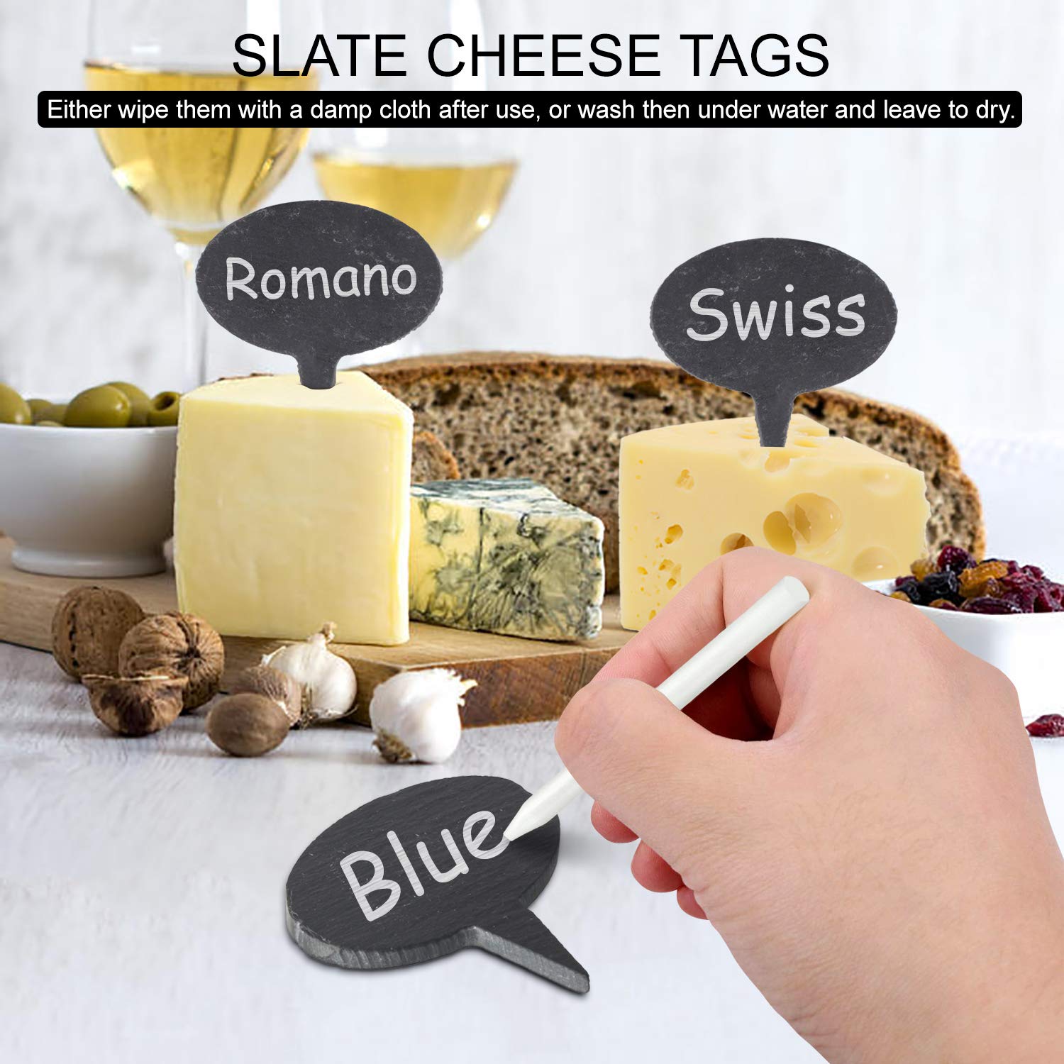 WoneNice Cheese Knives and Slate Markers Set - Collection Cheese Knife Gifts Set with 3 Long Handle Stainless Steel Cheese Knife & 1 Cheese Slicer & 3 Cheese Markers and 2 Soapstone Chalks