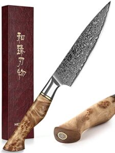 hezhen 5 inch utility knife with razor sharp- damascus steel with rose pattern multifunctional vg10 professional paring-fruit knife- master series ergonomic figured sycamore wood handle