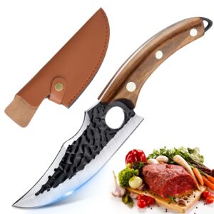 bicico huusk knife, hand forged boning knife with sheath meat cutting knife cleaver viking knife for kitchen huusk japanese knife camping hiking bbq home brown