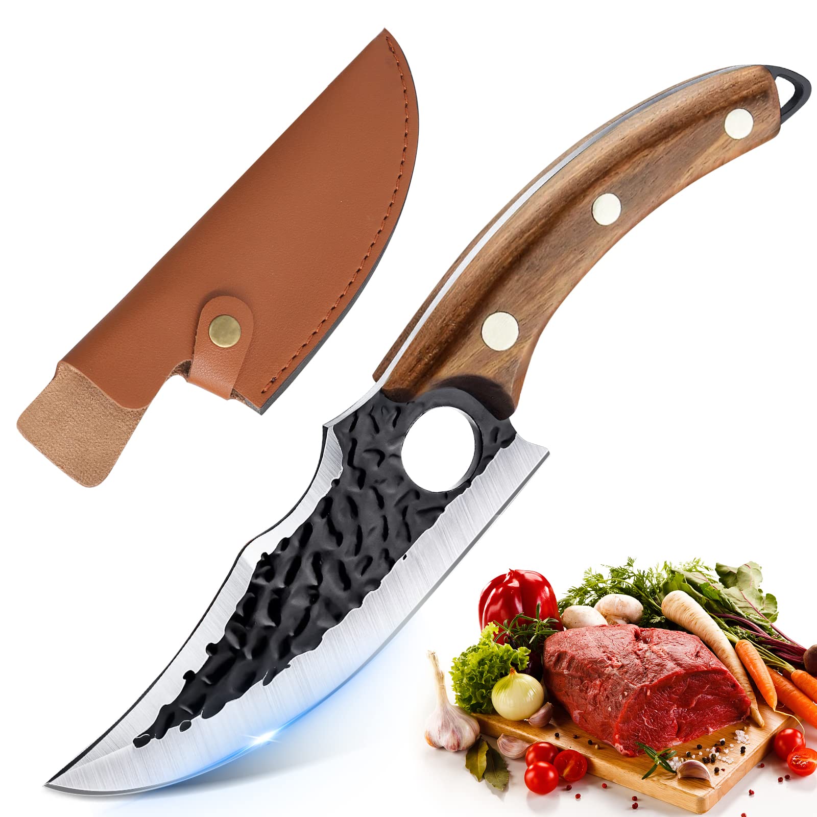 Bicico Huusk Knife, Hand Forged Boning Knife with Sheath Meat Cutting Knife Cleaver Viking Knife for Kitchen Huusk Japanese Knife Camping Hiking BBQ Home Brown