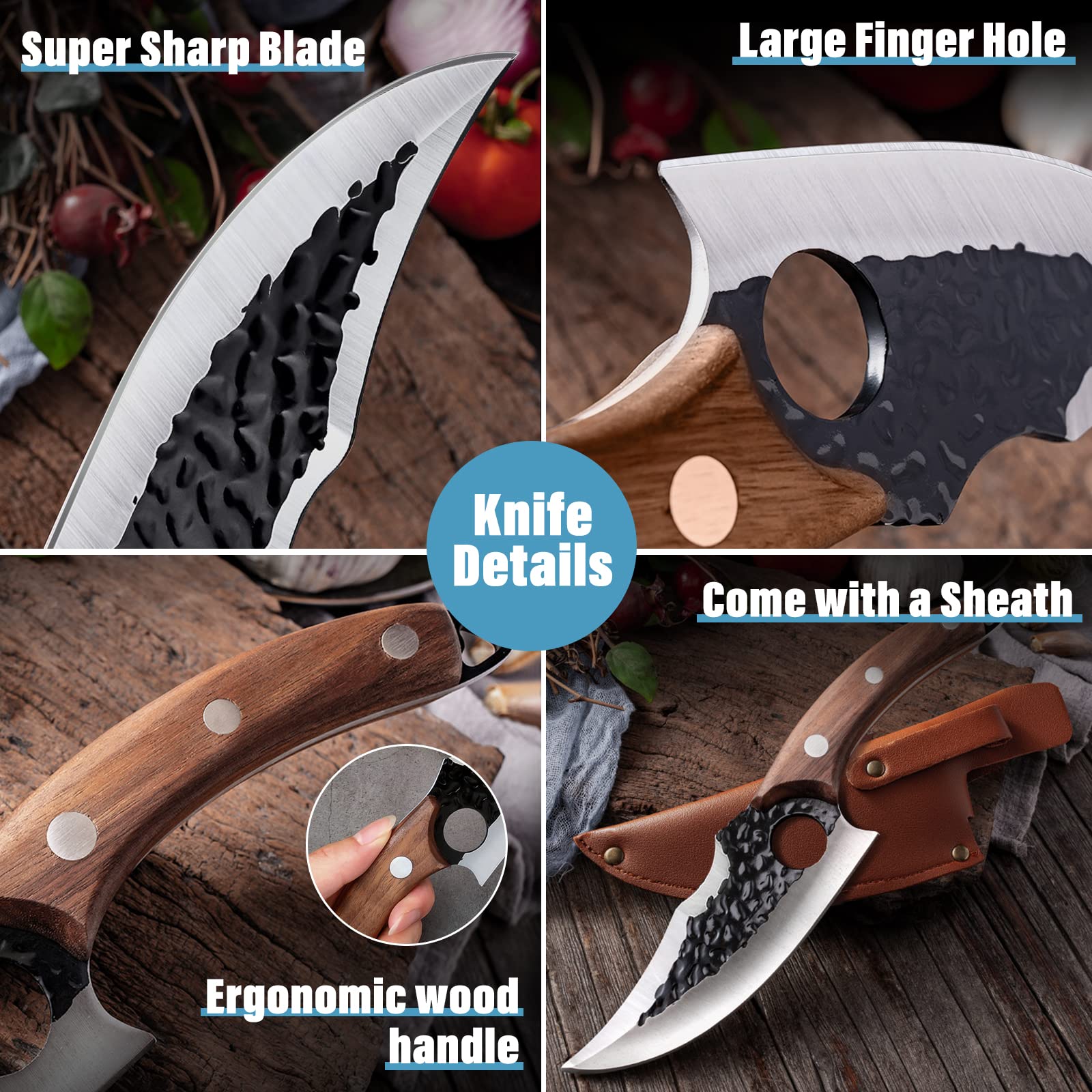 Bicico Huusk Knife, Hand Forged Boning Knife with Sheath Meat Cutting Knife Cleaver Viking Knife for Kitchen Huusk Japanese Knife Camping Hiking BBQ Home Brown