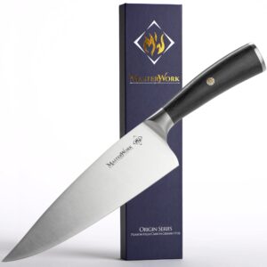 masterwork origin series chef knife - 8 inch full tang blade - forged high carbon german stainless steel - professional ultra sharp kitchen knife