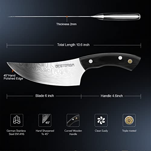 BESTERiSA Butcher Knife, 6 Inch Ultra Sharp Viking Knife- High Carbon German Stainless Steel EN1.4116 Boning Knife Fillet Knife for Kitchen