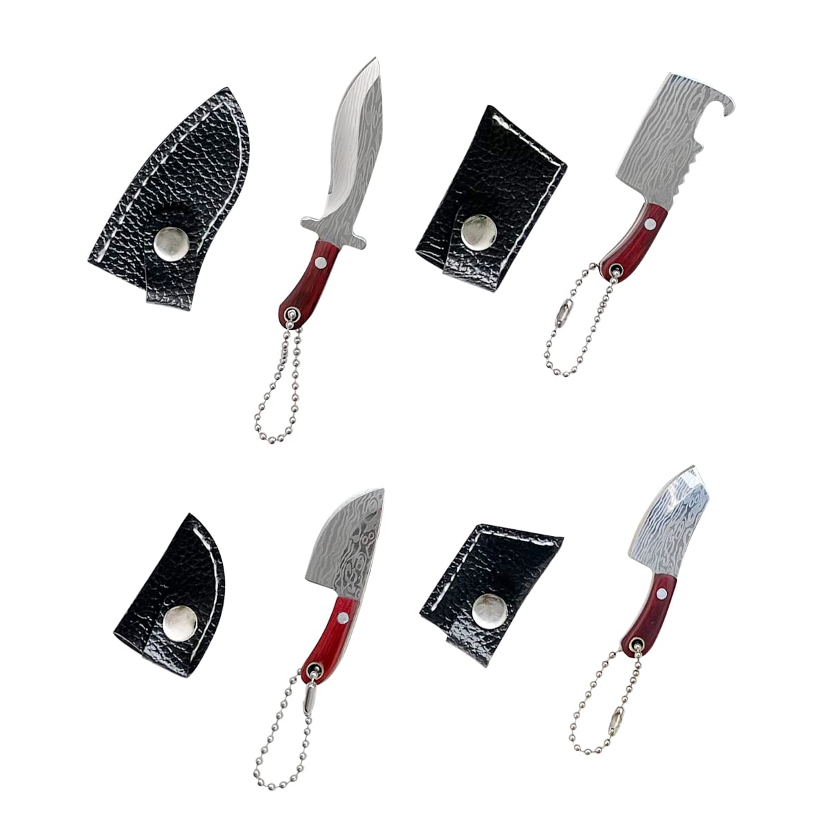 4 PcsMini Knife Set Damascus Mini Knife Decoration, Tiny Chef Knife Keychain Set for Package Box Opener Letter Opener Pendant Decoration