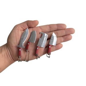 4 PcsMini Knife Set Damascus Mini Knife Decoration, Tiny Chef Knife Keychain Set for Package Box Opener Letter Opener Pendant Decoration