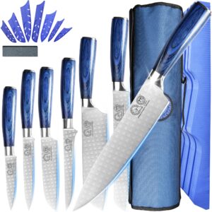 xyj kitchen knife block sets 7pcs stainless steel chef knife canvas knife bag drawer knife holders cooking knife for meat fish vegetable cutting (blue)