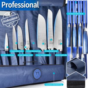 XYJ Kitchen Knife Block Sets 7pcs Stainless Steel Chef Knife Canvas Knife Bag Drawer Knife Holders Cooking Knife For Meat Fish Vegetable Cutting (Blue)