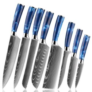senken 8-piece japanese knife set with blue resin handle and laser damascus pattern - cerulean collection - chef's knife, santoku knife, bread knife, paring knife, & more, extremely sharp blades