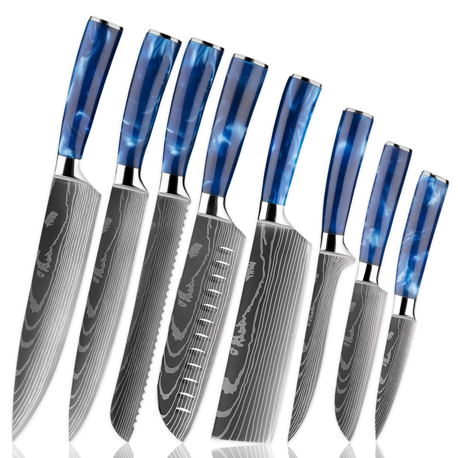 SENKEN 8-Piece Japanese Knife Set with Blue Resin Handle and Laser Damascus Pattern - Cerulean Collection - Chef's Knife, Santoku Knife, Bread Knife, Paring Knife, & More, Extremely Sharp Blades