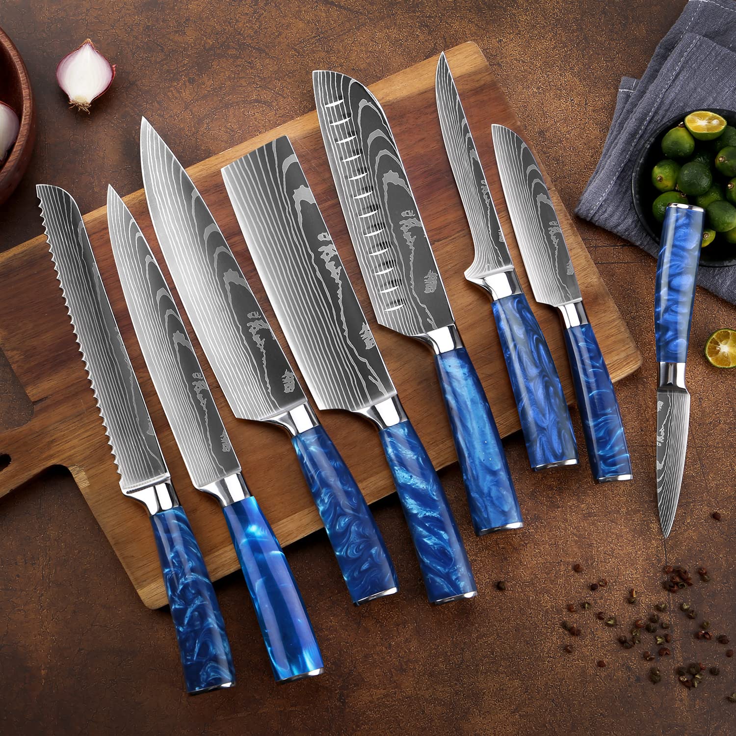 SENKEN 8-Piece Japanese Knife Set with Blue Resin Handle and Laser Damascus Pattern - Cerulean Collection - Chef's Knife, Santoku Knife, Bread Knife, Paring Knife, & More, Extremely Sharp Blades