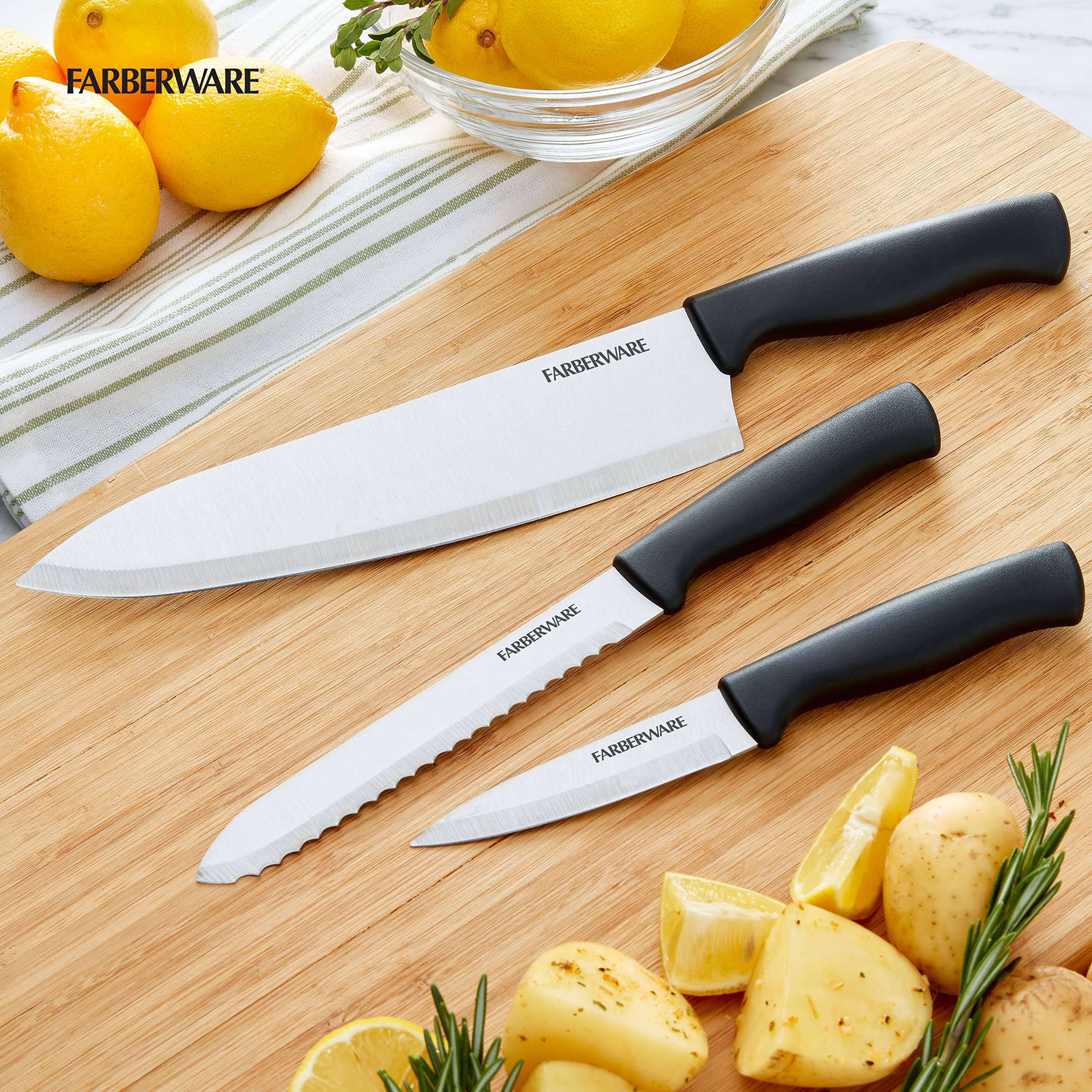 Farberware Stainless Steel Chef Knife Set, 3 Piece, Black