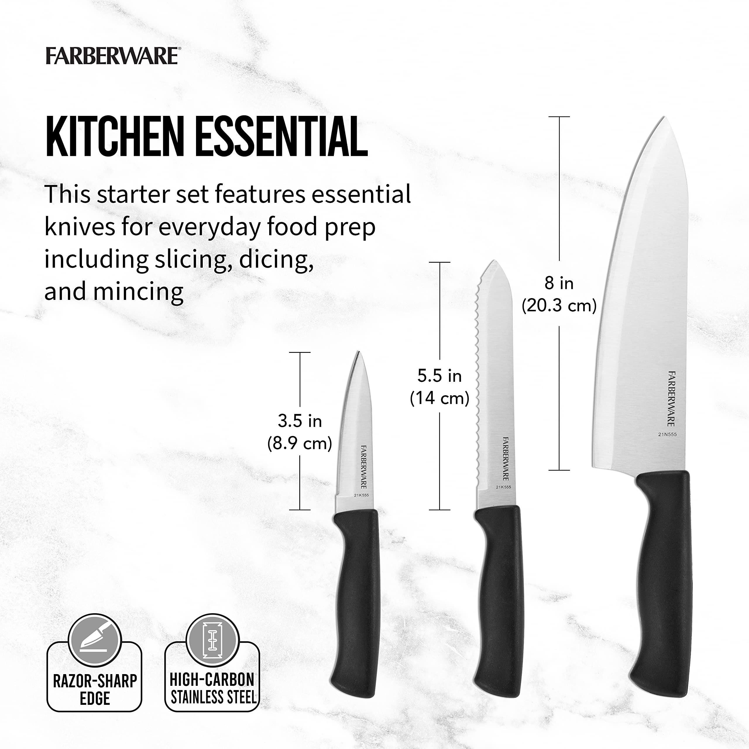 Farberware Stainless Steel Chef Knife Set, 3 Piece, Black