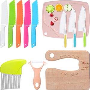 12 pieces kids knifes set include plastic safe toddler knife wooden cutting knifes child kitchen knife serrated edges with cutting board stainless steel potato slicers crocodile chef crinkle cutter