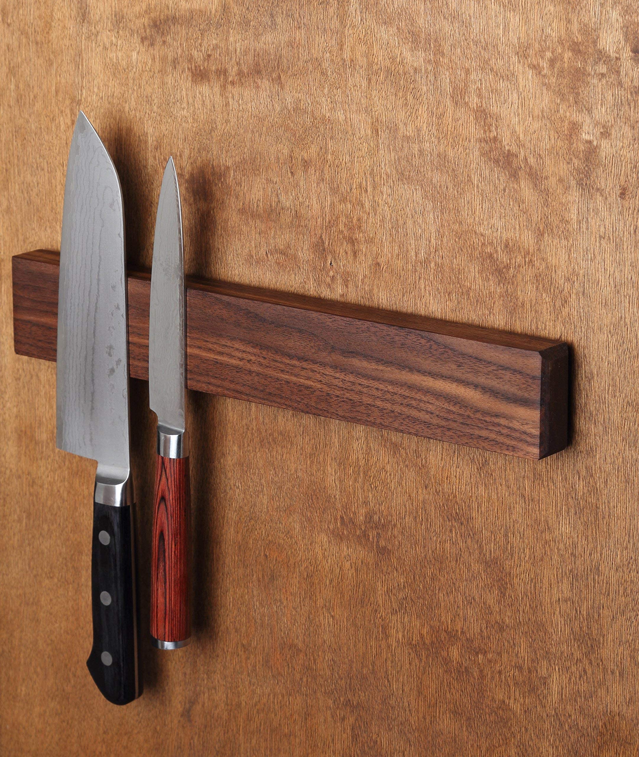 Walnut Magnetic Knife Holder with Multi Purpose Functionality as Knife Magnet, Knife Strip, Magnetic Organizer- Securely Holds Your Knives & Keeps Your Kitchen Organized- Made in USA- 12 Inch