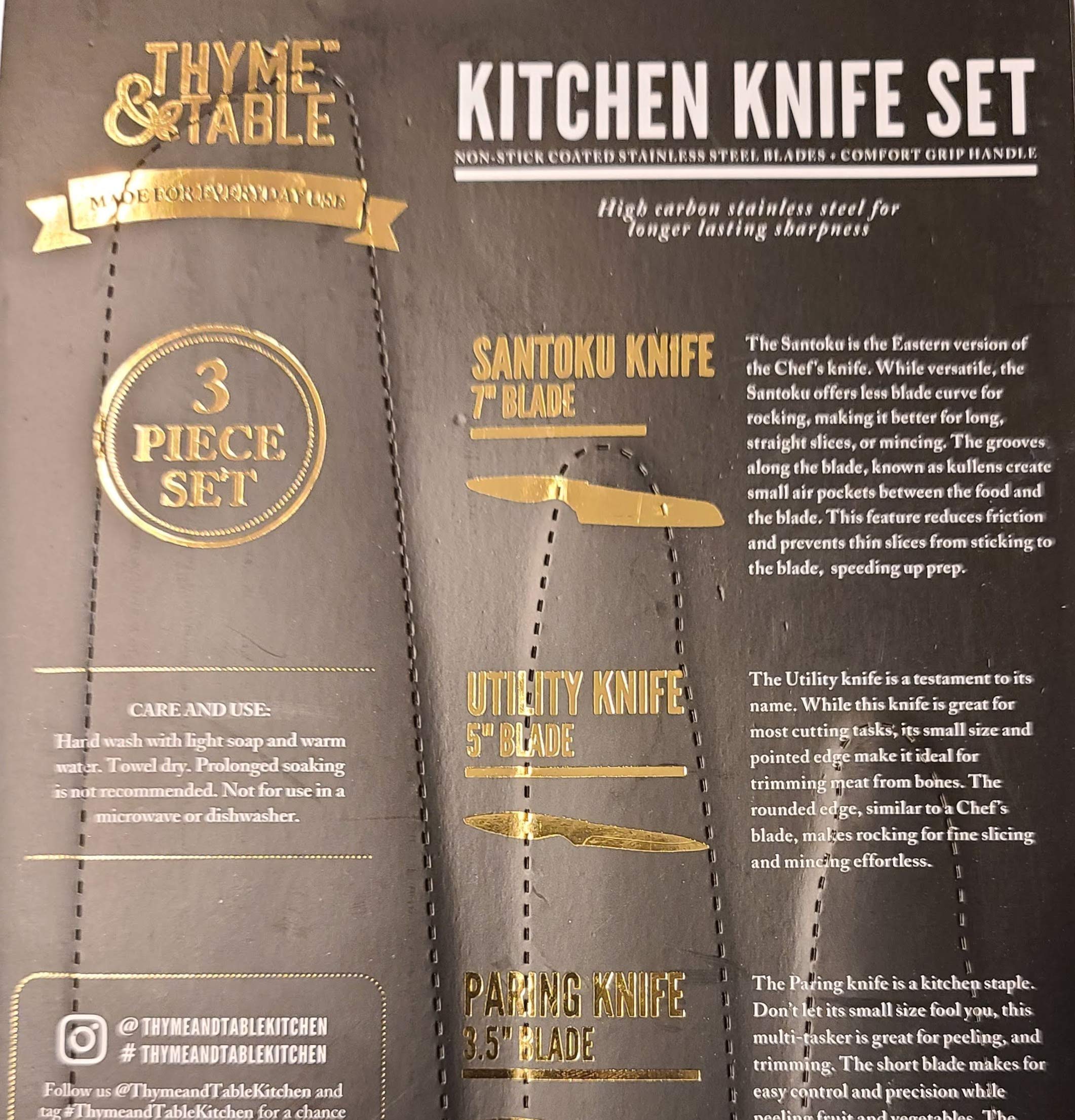 Thyme & Table 3 Piece Knife Set Non Stick Stainless Steel with Santoku Knife & Comfort Grip Handle